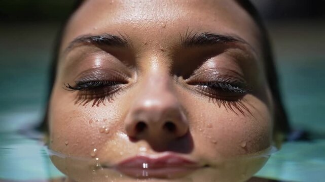 Floating woman breathing slowly, causing ripples and drops in sunlit pool for calm, with mascara