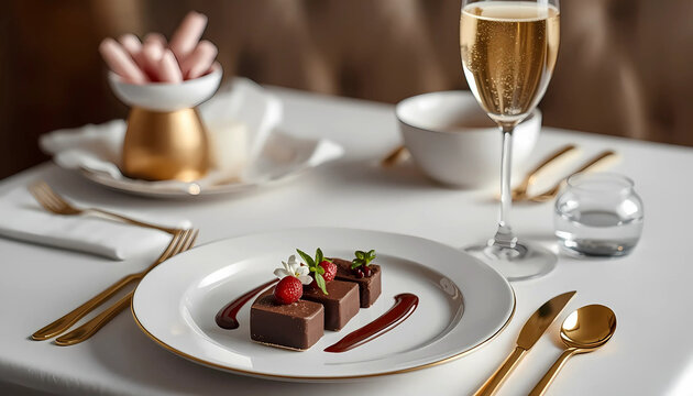 Elegant dessert setup with chocolate mousse and fresh strawberries on a white table