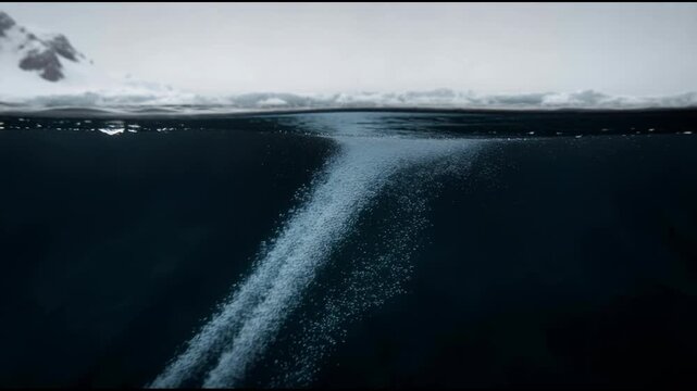 A majestic king penguin dives gracefully into the deep dark ocean leaving a trail of shimmer and bubbles through the icy water in this split view shot of the cold Antarctic sea wilderness.