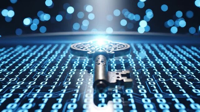 Skeleton key on digital blue binary code floor.