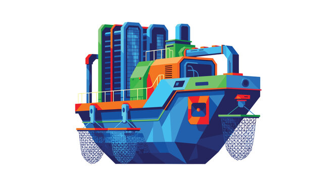 A colorful low-poly industrial fishing trawler featuring a vibrant blue hull and multiple hanging mesh nets is depicted as a stylized 3D model against a white backdrop.