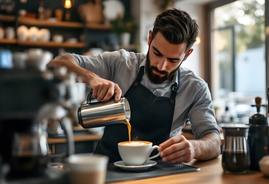 Bearded Barista Pouring Latte Art in Specialty Coffee Shop