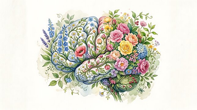Floral Brain Watercolor Illustration for Mental Health and Growth