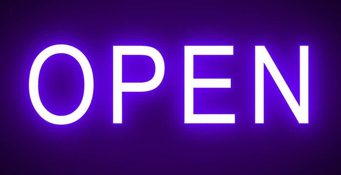 Open Neon Text Sign Glowing Vibrant Purple Animation on dark Background. Night Life banner. 