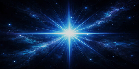 A dark, abstract space background glows with a bright blue galaxy nebula and starry cosmos night sky illustration © Rehaan