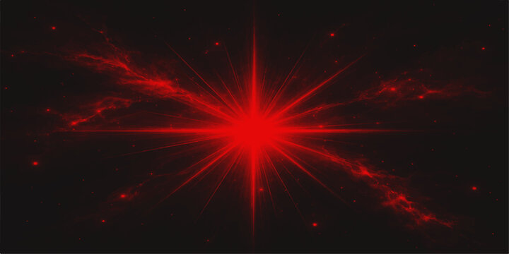 A bright art illustration of red fireworks exploding with powerful orange flames and glowing light rays against a black night background