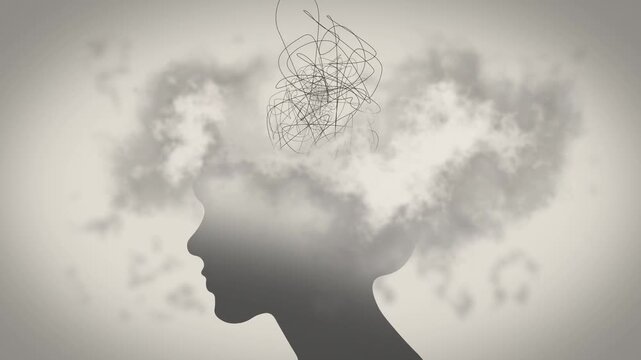 Brain Fog Mental Confusion Concept With Human Head Silhouette Filled With Dense Fog And Chaotic Scribble Lines. Minimal Monochrome Style.