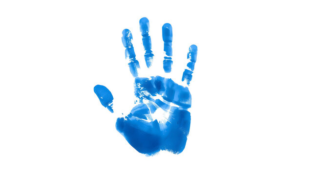 handprint on a white background. The handprint is detailed, showing intricate lines and patterns typical of a human palm and fingers. The blue color is vibrant and evenly 