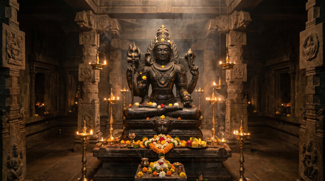 Sacred Hindu temple interior featuring divine black stone deity idol, glowing oil lamps and ceremonial floral offerings creating mystical spiritual ambiance and traditional worship atmosphere