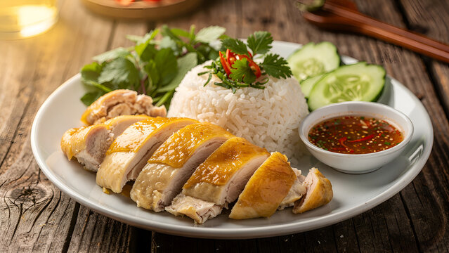 Hainanese chicken rice with Vietnamese style presentation, beautifully plated on a rustic wooden table, steamed chicken with golden skin, fragrant rice, fresh herbs, cucumber slices, Vietnamese dippin
