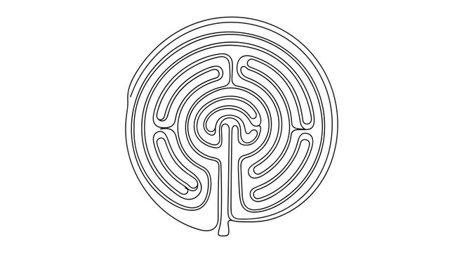A continuous black line forms a complex circular labyrinth with multiple concentric curved pathways against a stark white background in a minimalist aesthetic style.
