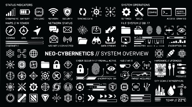 Cybernetic System Interface Icons: Technology, Data, Security, Network, and Operations