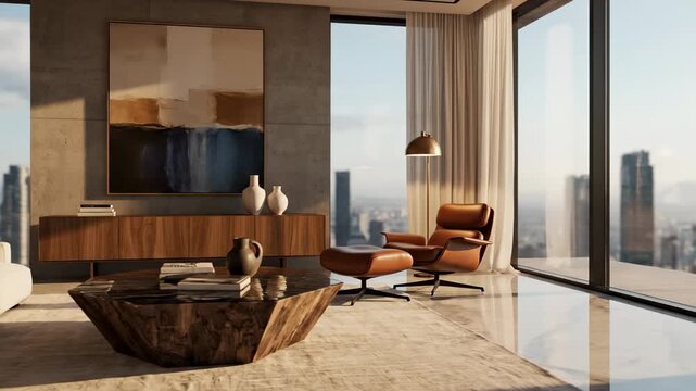 Modern luxury apartment living room with panoramic city view, abstract art and designer furniture, natural light, serene atmosphere