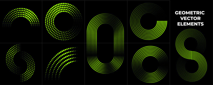 Futuristic geometric halftone vector element set with abstract circle, arc and gradient dot shapes in neon green dark style