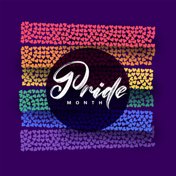 Pride lgbtq handmade logo inscription, icon vector illustration. Rainbow stripes made up of small hearts. Pride Month and heart. LGBTQ love symbol background. Concept design