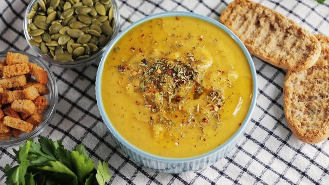 Creamy vegetable soup with bread, pumpkin seeds, herbs and croutons. Homemade food. Add olive oil to the cream soup. High quality 4k footage