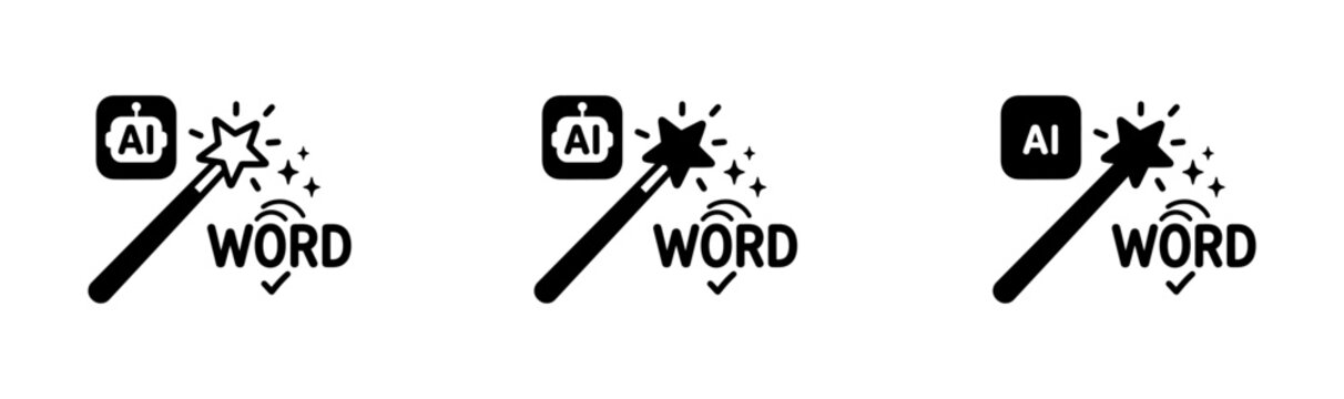 Ai powered content creation icons magic wand with sparkling word bubble vector illustration set