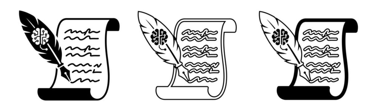 Vintage quill and scroll set black and white vector illustrations of ancient documents with feather pens