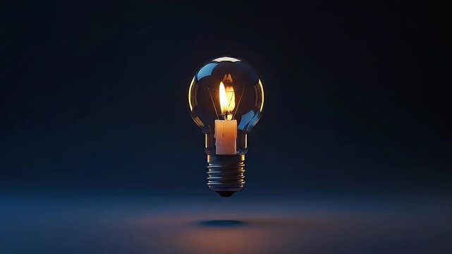 A light bulb containing a lit candle floats in a dark environment, showcasing the warm glow of the flame and the transparent glass structure, creating a striking visual contrast