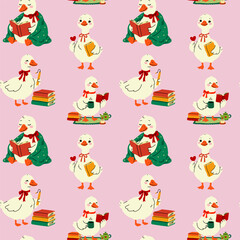 Fototapeta premium Adorable Reading Goose Pattern Design