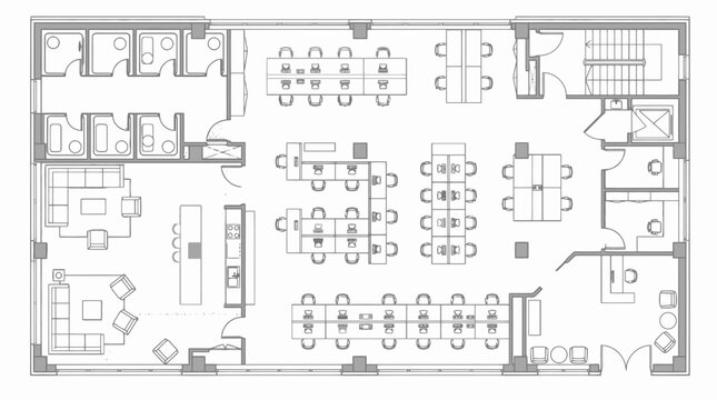 Comprehensive architectural floor plan of a large office with multiple workstations meeting rooms and break areas Keywords: floor plan architectural drawing office layout interior design blueprint