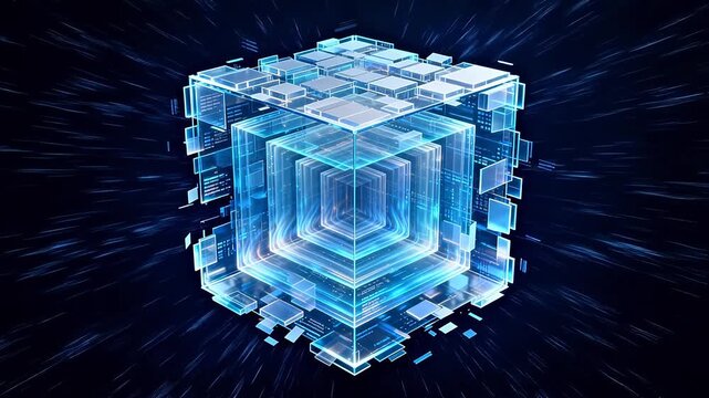 Transparent cubic structure with layered levels and blue glowing effects floating in black space
