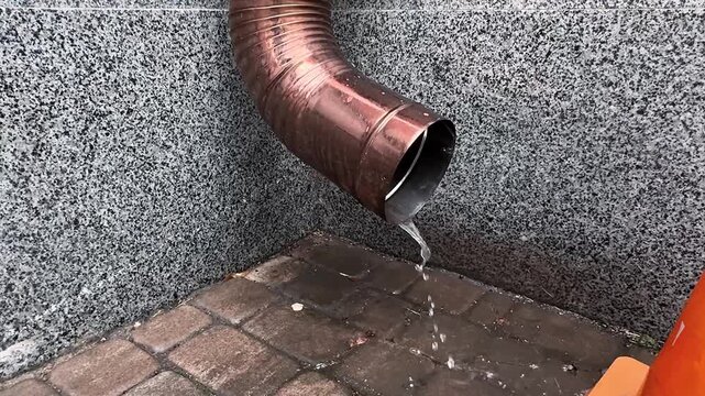 Rainwater dripping from a metal gutter pipe