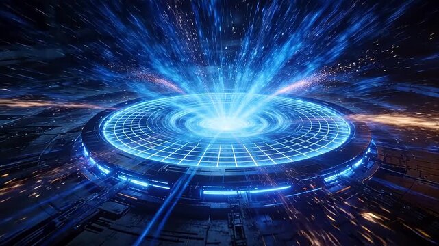 Large circular sci-fi portal with blue glowing grid and particle effects