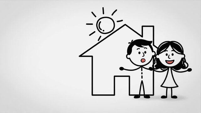 Cartoon couple stands joyfully in front of their new house, holding keys and smiling under a bright sun, showcasing their excitement about homeownership and new beginnings