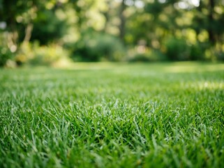 Naklejka premium Lush Green Grass with Soft Focus Backdrop, Perfect for Summer Landscapes