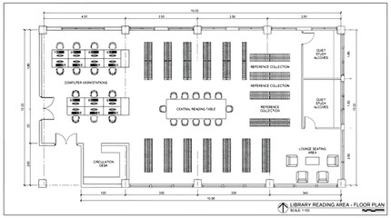 Detailed architectural floor plan of a library reading area with labeled sections and dimensions architectural drawing © Kosain