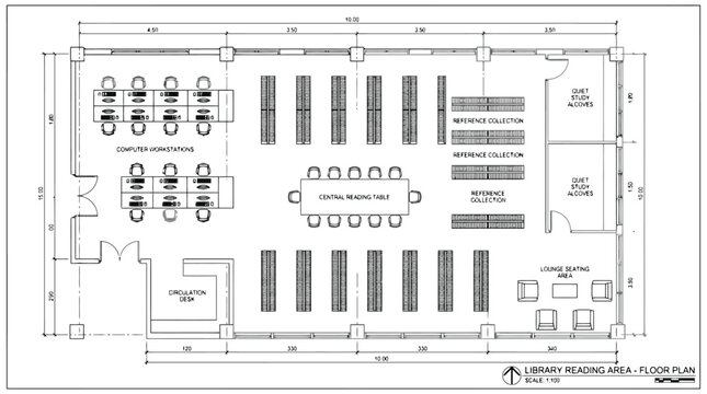 Detailed architectural floor plan of a library reading area with labeled sections and dimensions architectural drawing