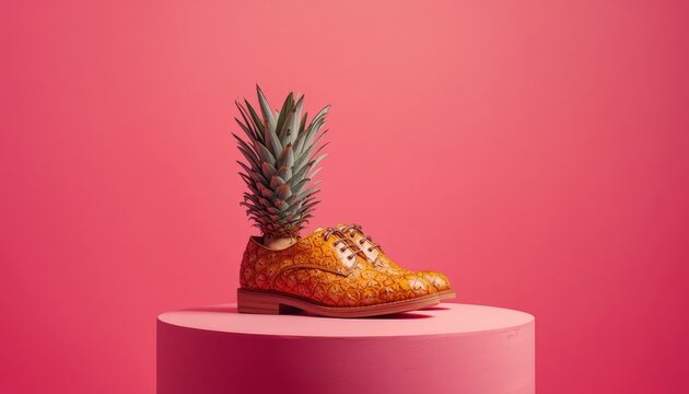 A pineapple in beautiful red men's shoes on a pink background