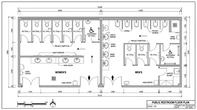 Detailed architectural floor plan of a public restroom with separate women's and men's sections architectural drawing