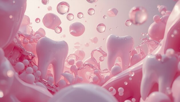 There is a lot of bubbles floating in the air around a tooth pink color