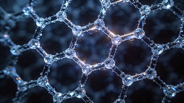Complex geometric crystal network structure with glowing facets on dark background
