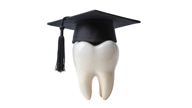 Ceramic tooth wearing a black graduation cap, isolated on transparent background