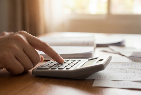Person's hand operating a calculator on a wooden desk with scattered financial documents.