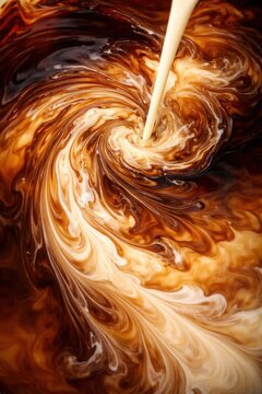 Cream pouring into coffee creating swirling liquid pattern with rich brown tones abstract food background