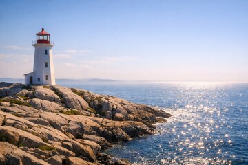 Obraz premium White lighthouse on rocky coast overlooking calm blue sea horizon sunny peaceful coastal scene