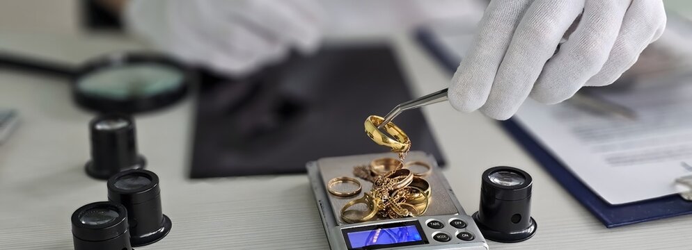 A person wearing gloves measures various gold jewelry pieces on a digital scale