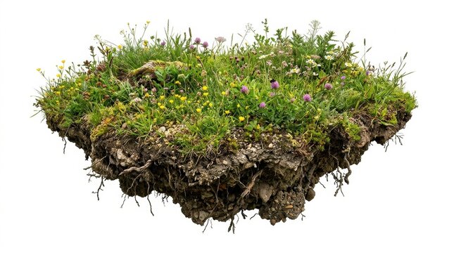 Floating island of green grass and wild flowers, square piece of soil with roots and earth, realistic nature land patch isolated on white background