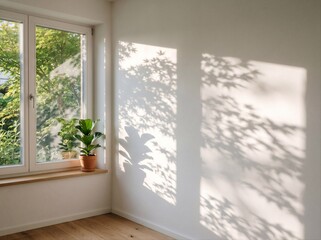 Fototapeta premium Gentle sunlight pours through a window, painting leaf silhouettes on a clean white wall