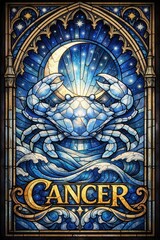 Fototapeta premium Cancer zodiac crab in stained glass style with ocean waves moon and celestial starry background