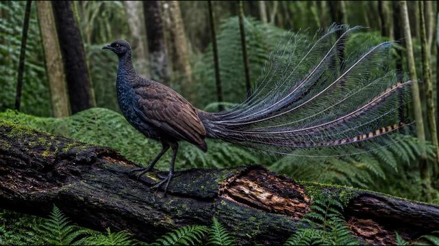 A majestic lyrebird stands perched on a mossy decaying log in the heart of a lush rainforest, showing its intricate tail feathers in a stunning natural display of avian beauty and elegance.
