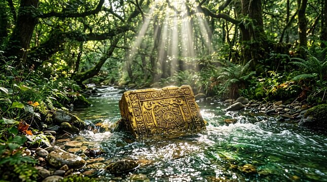 Carved golden relic block resting in the shallow flowing waters of a vivid emerald green forest stream with intense majestic sunbeams.