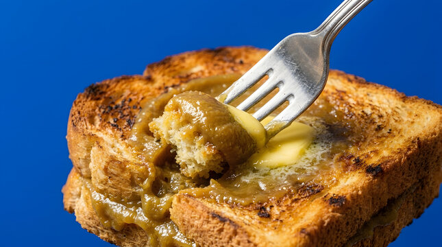 Still life macro shot of grilled kaya toast from Malaysia with fork on blue background