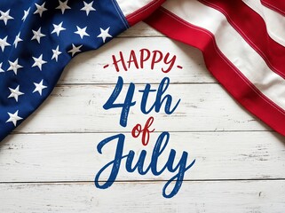Fototapeta premium An American flag with stars and stripes on wood background, celebrating USA Independence Day.
