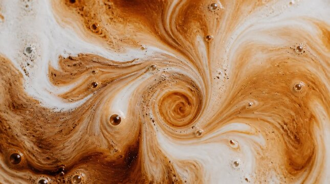 Close up of swirls cappuccino and milk foam mixed with bubbles.