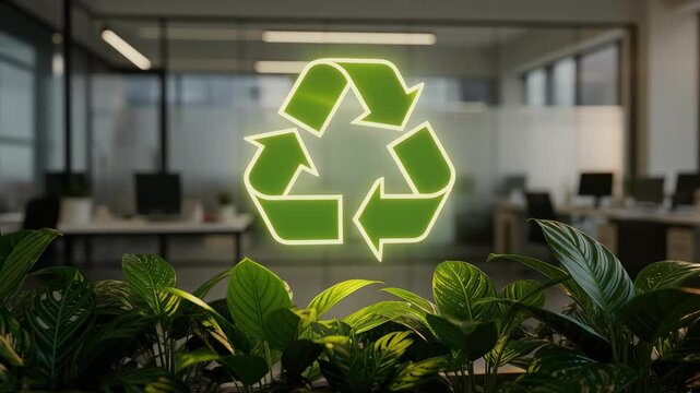 Green recycling symbol glowing above indoor plants in modern office promoting sustainability and eco friendly workspace